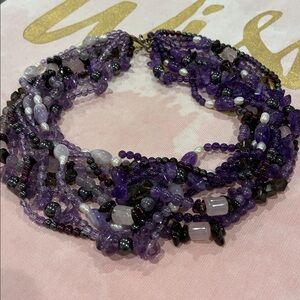 Elegant Purple Stone,Glass And Beveled Multi Strand Beaded Necklace